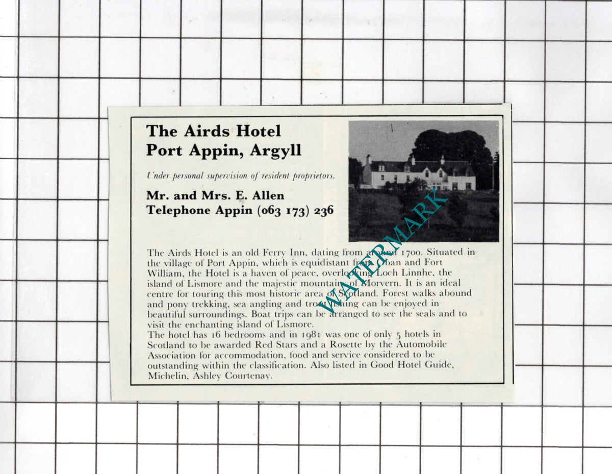The Airds Hotel Port Appin Argyll Mr & Mrs E Allen - 1982 SMALL Advert