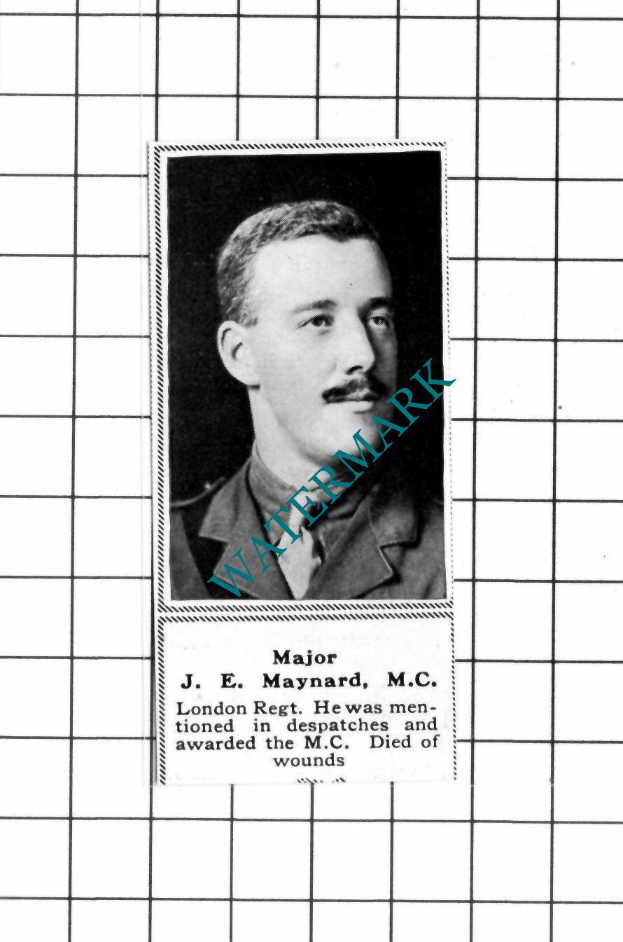 Major J E Maynard London Regiment WW1 - c.1918 SMALL Clipping / Print