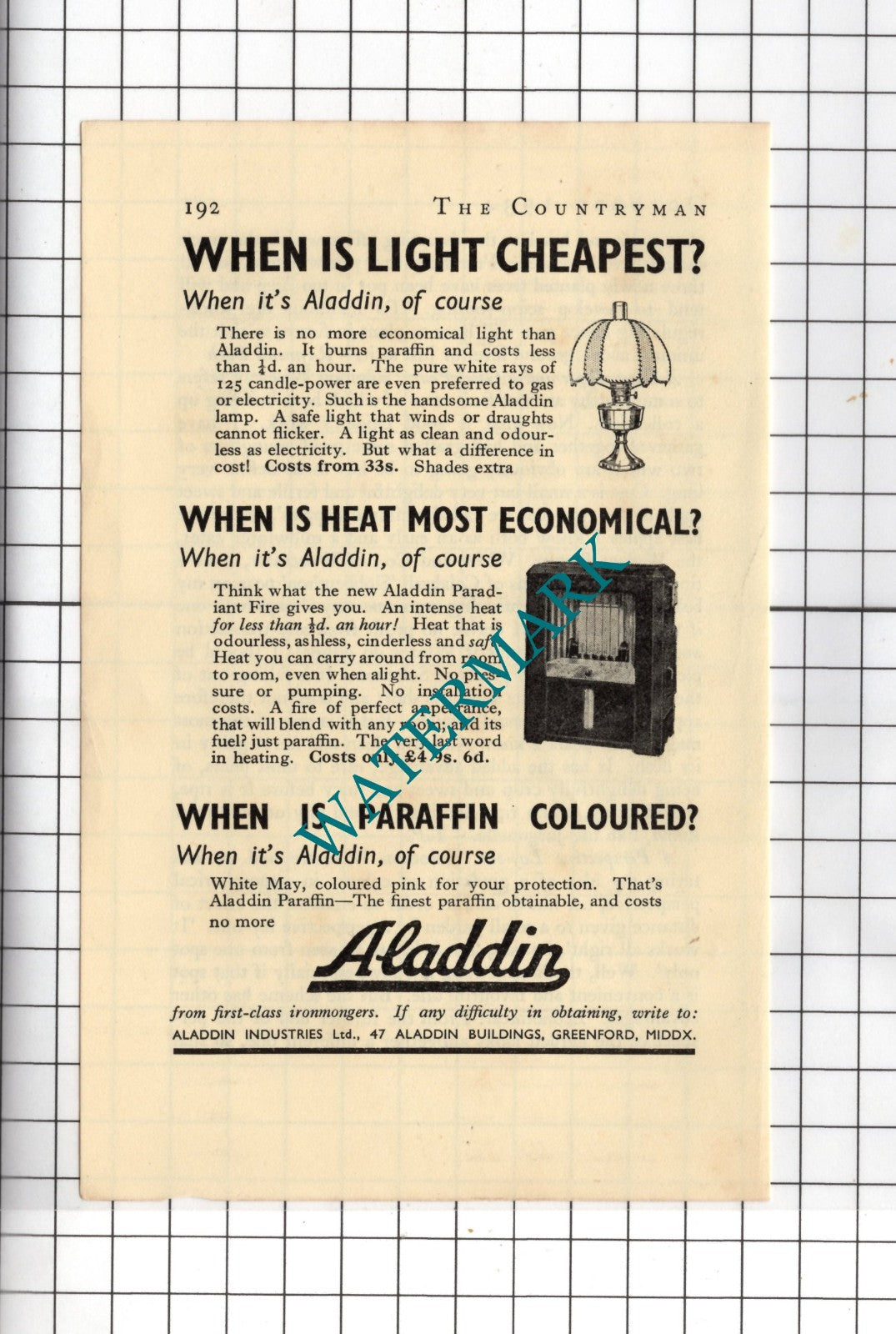 Aladdin Industries Ltd Greenford Middlesex Advert - 1934 Small Advert