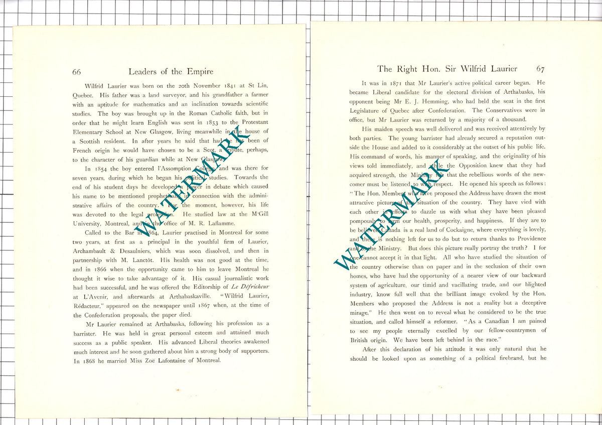 The Right Hon Sir Wilfrid Laurier - 1920's Article / Print