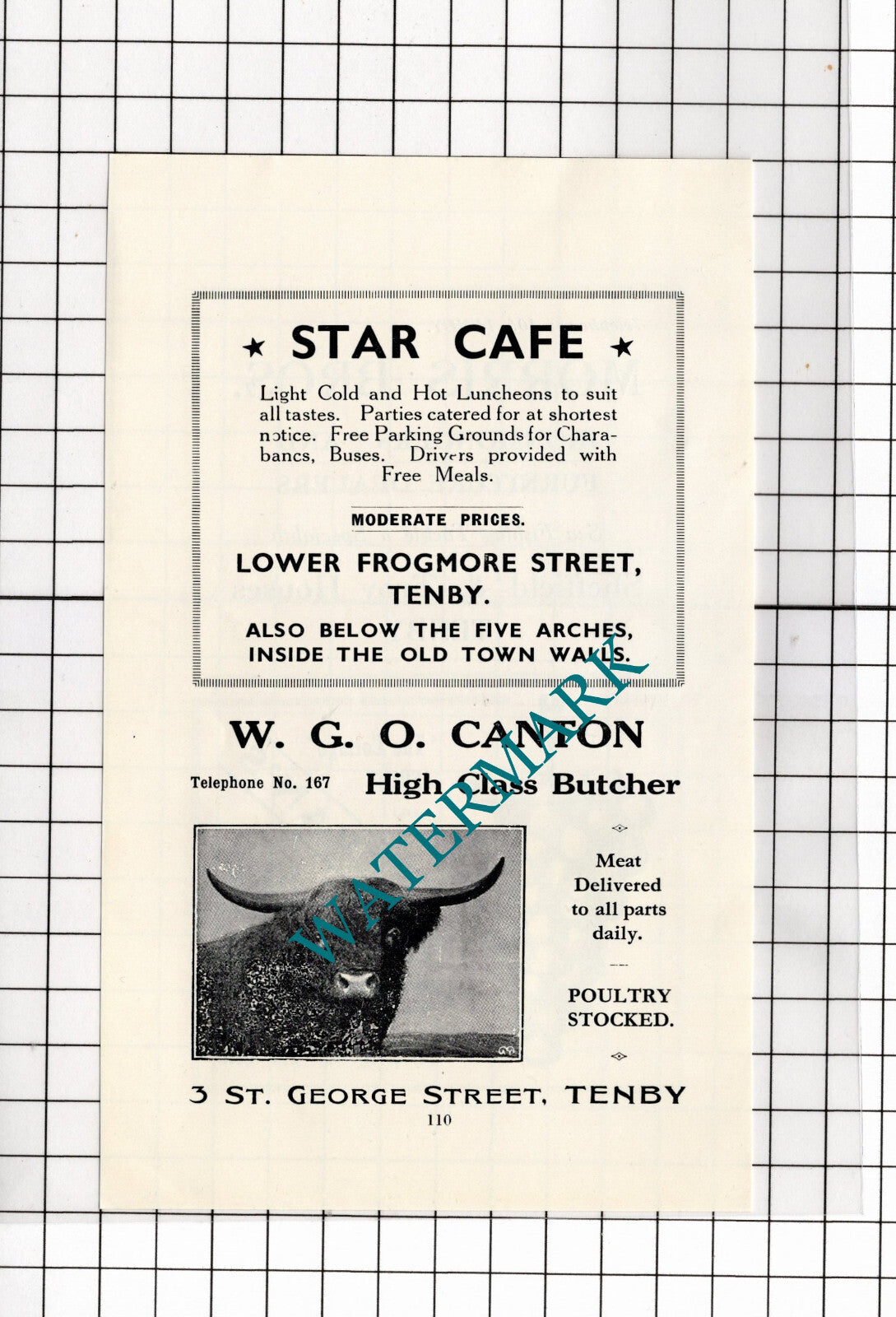 W G O Canton Butcher Tenby Wales Star Cafe Small ADVERT - 1936 Clipping