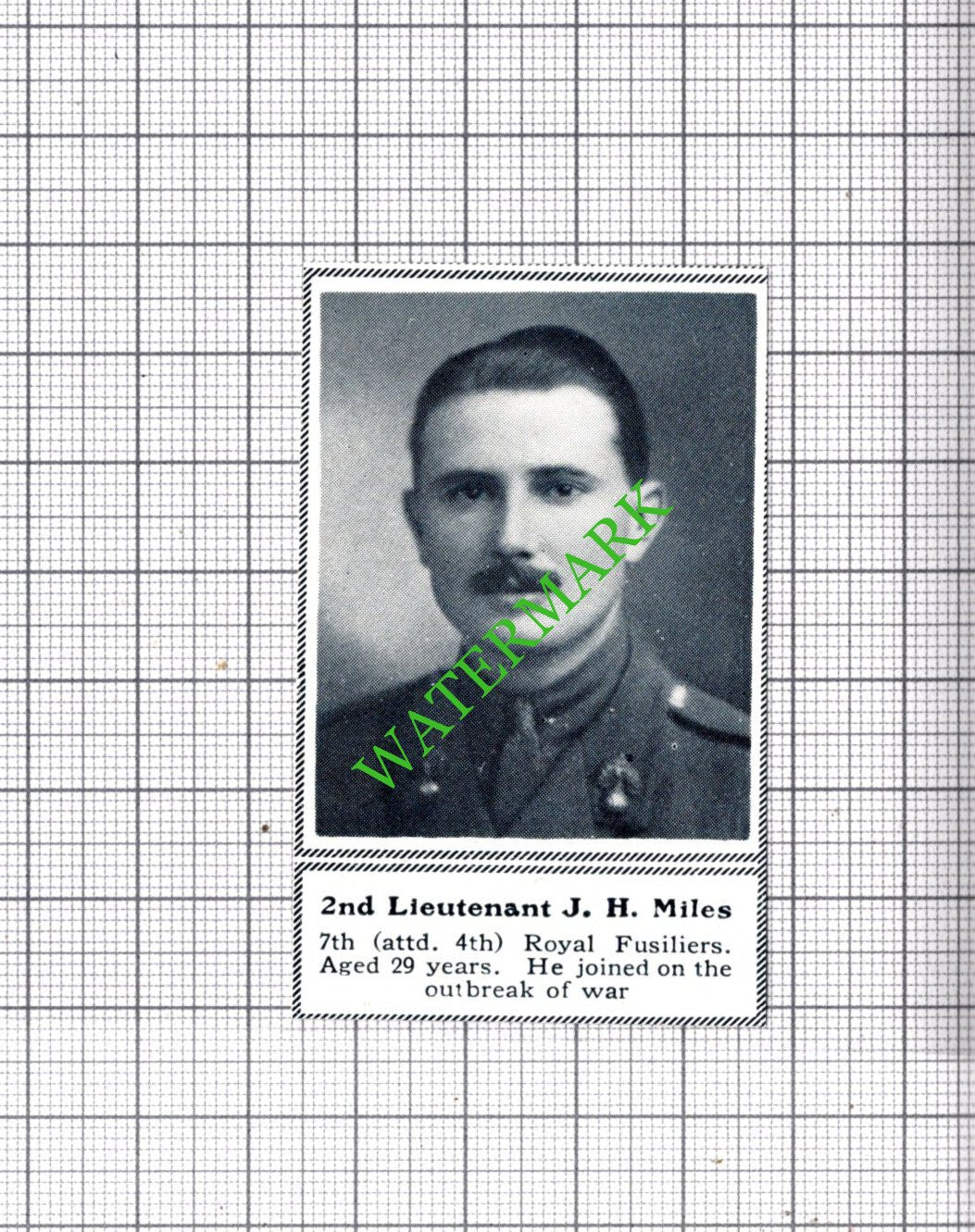 2nd Lt J H Miles 7th Royal Fusiliers - c.1918 SMALL Cutting