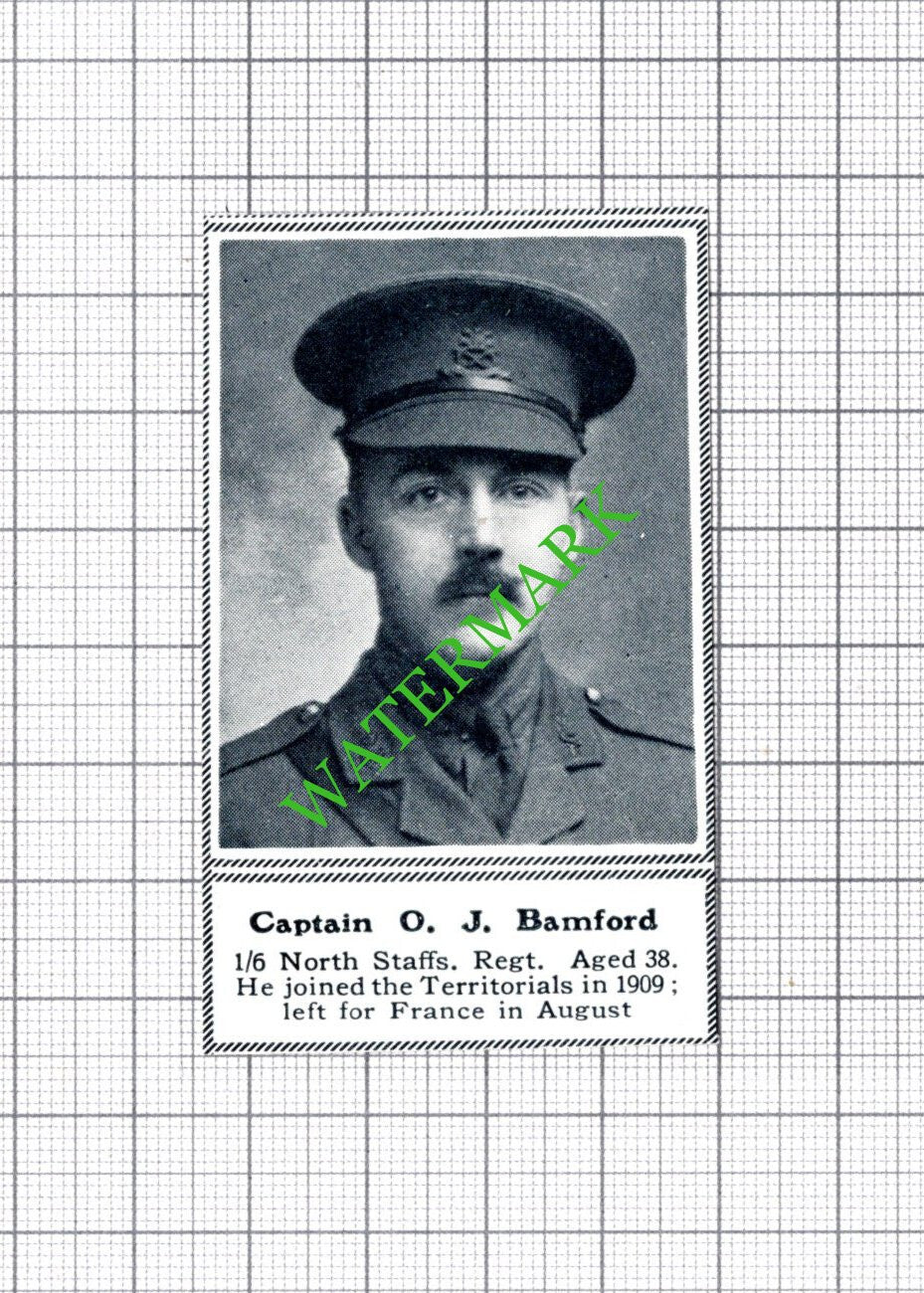 Captain O J Bamford 1/6 North Staffs Regt WW1 - c.1918 SMALL Cutting