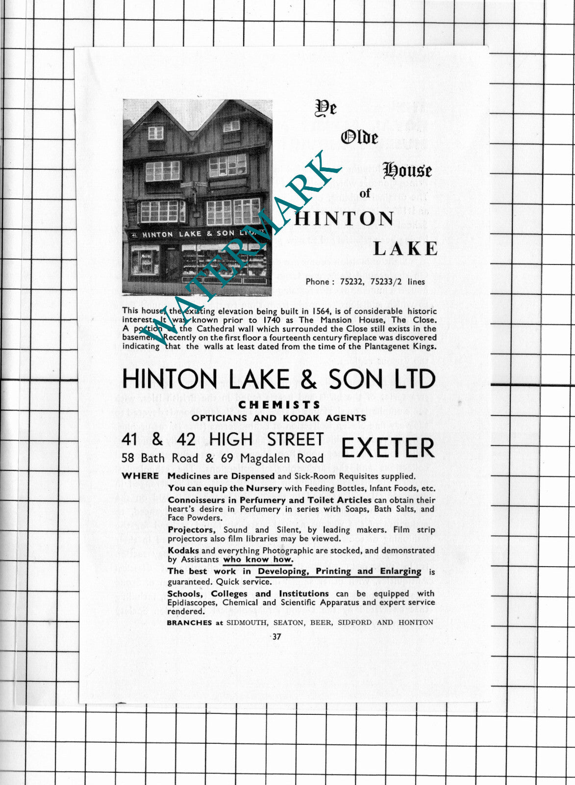 Hinton Lake & Son Ltd Chemists Exeter Devon Advert - 1957 Cutting