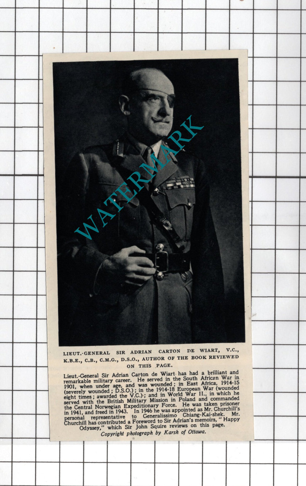 Lt General Sir Adrian Carton De Wiart - 1950 SMALL Cutting
