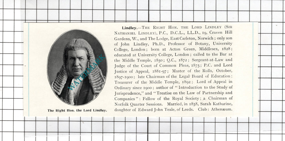 The Right Hon The Lord Lindley Sir Nathaniel Lindley East Carleton 1905 Clipping