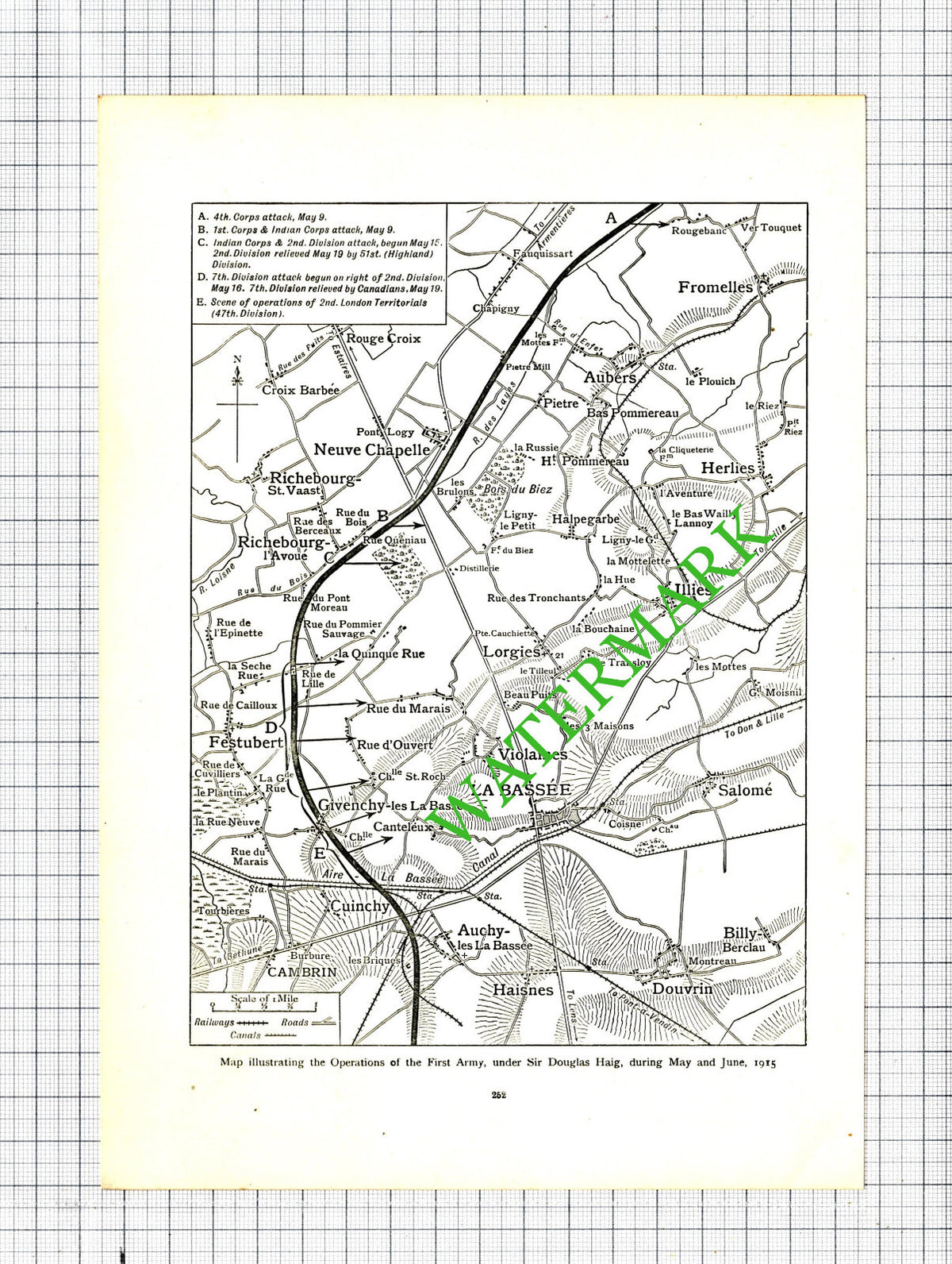 First Army Operations Sir Douglas Haig Small Map Great War WW1 - c.1920 Cutting