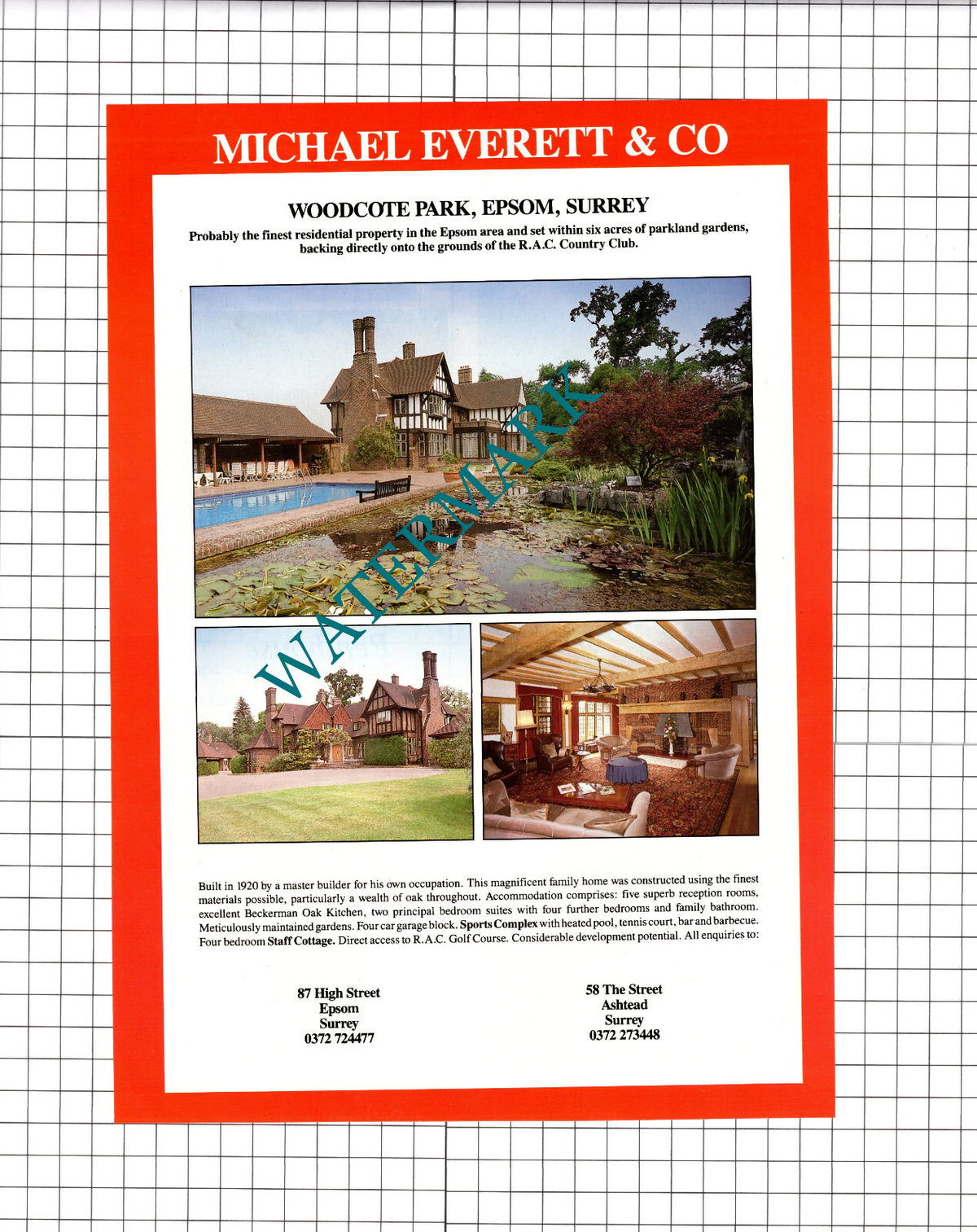 Woodcote Park Epsom Surrey House Sale Advert - 1991 Clipping / Print