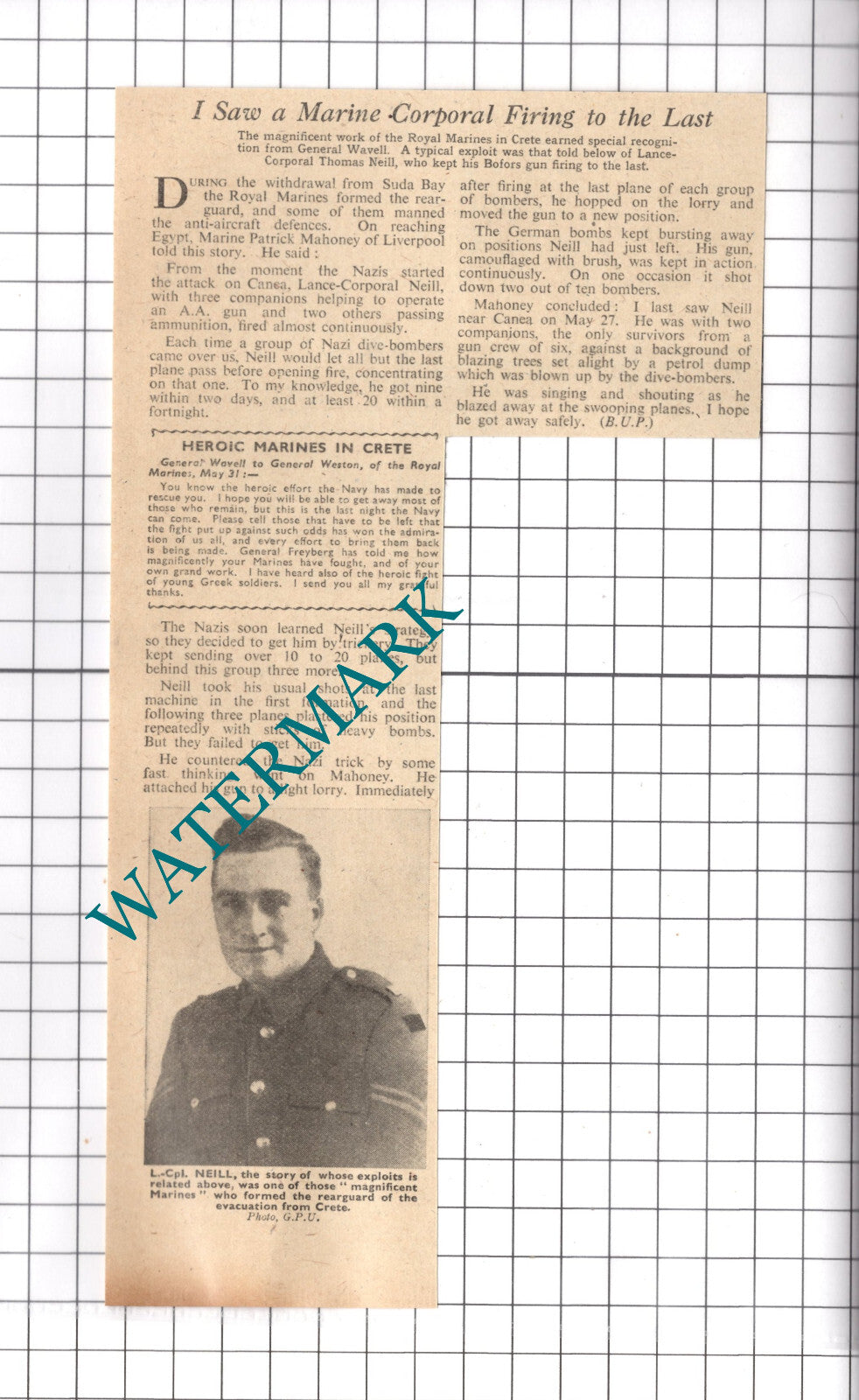Lance Corporal Thomas Neill Royal Marines Canea Crete WW2 - 1941 News Clipping