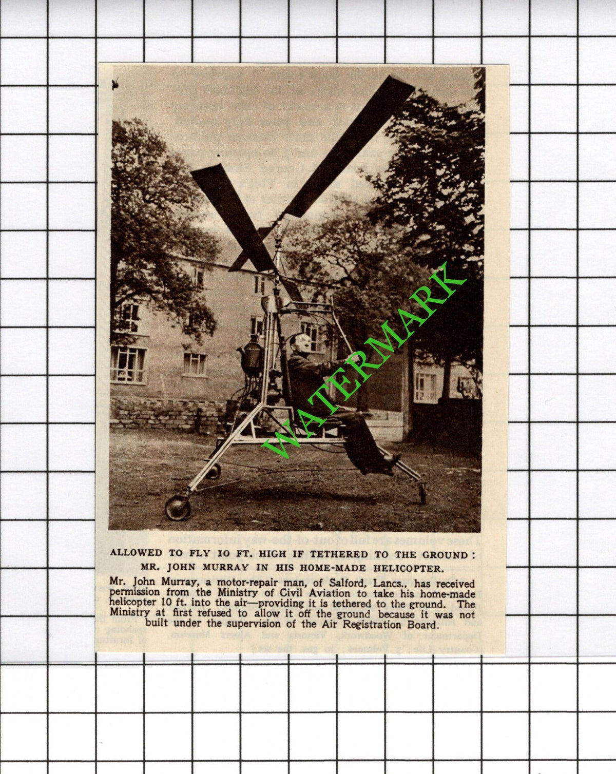 John Murray Salford Lancashire Home Made Helicopter - 1954 Cutting