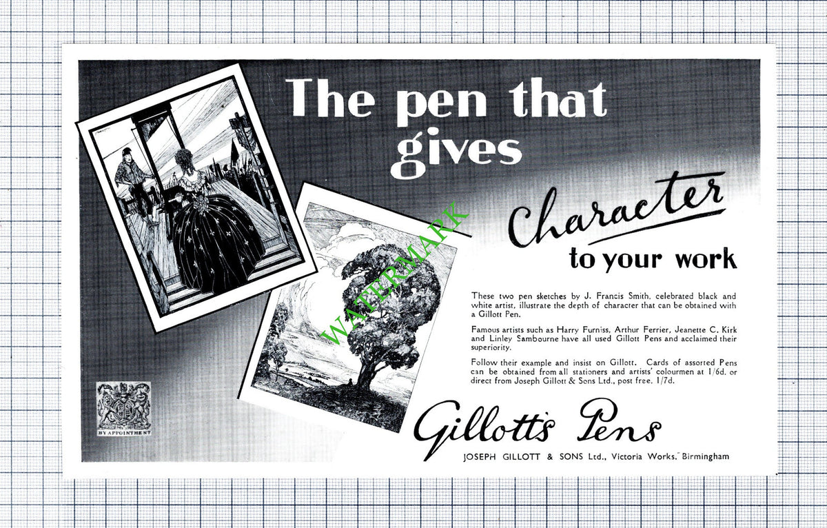 J Francis Smith Joseph Gillott & Sons Advert -1930s Cutting / Print