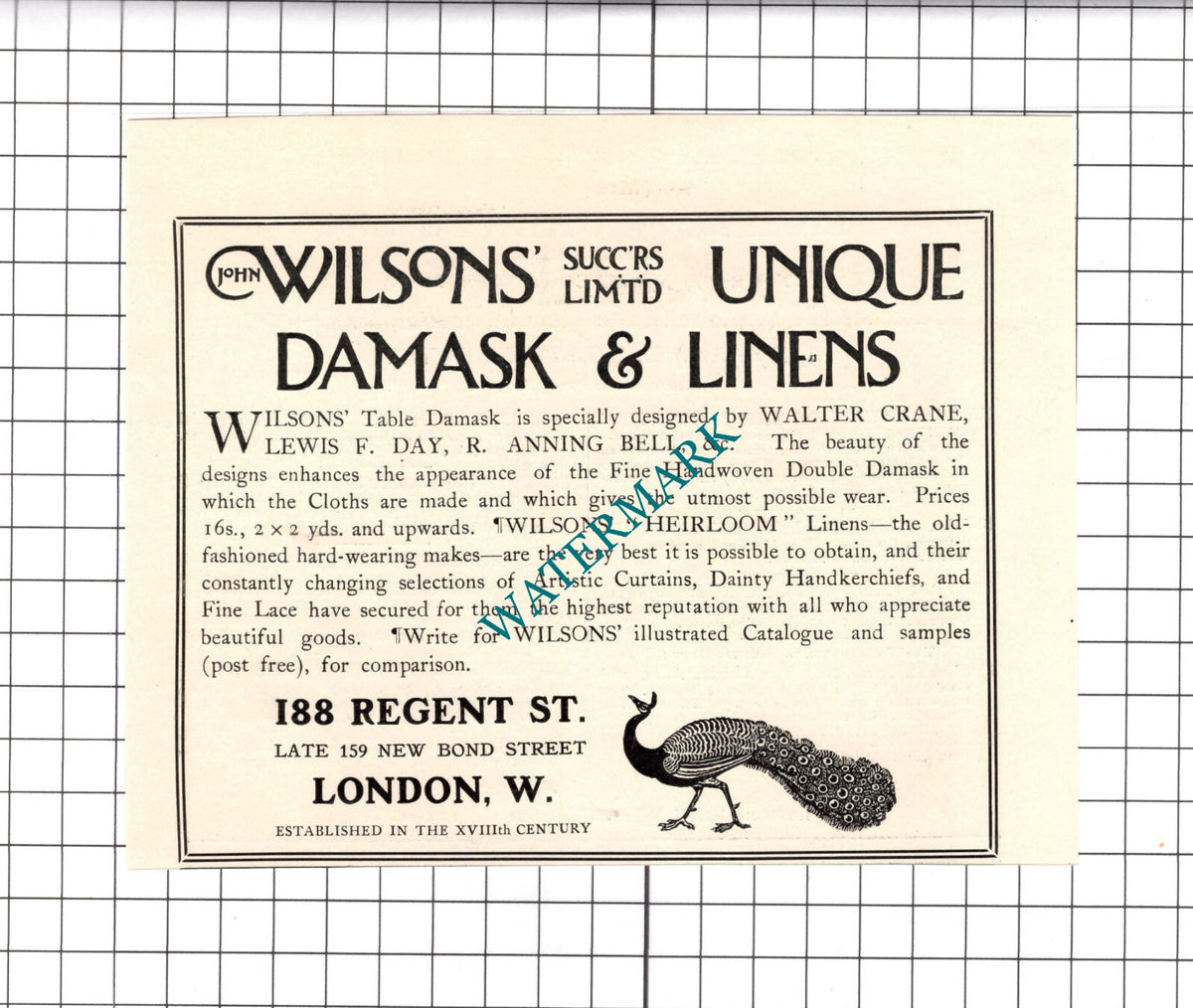 John Wilson Wilsons Table Damask Walter Crane London - 1904 Small Advert