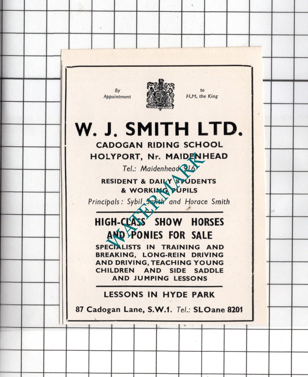 W J Smith Ltd Cadogan Riding School Holyport Berkshire - 1951 SMALL Advert