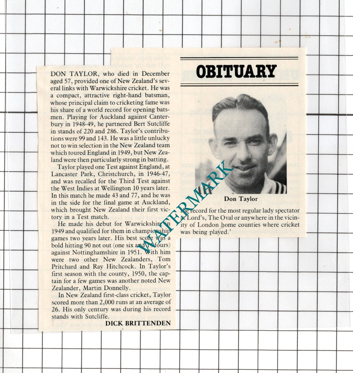 Don Taylor Cricketer Obituary - 1981 Clipping