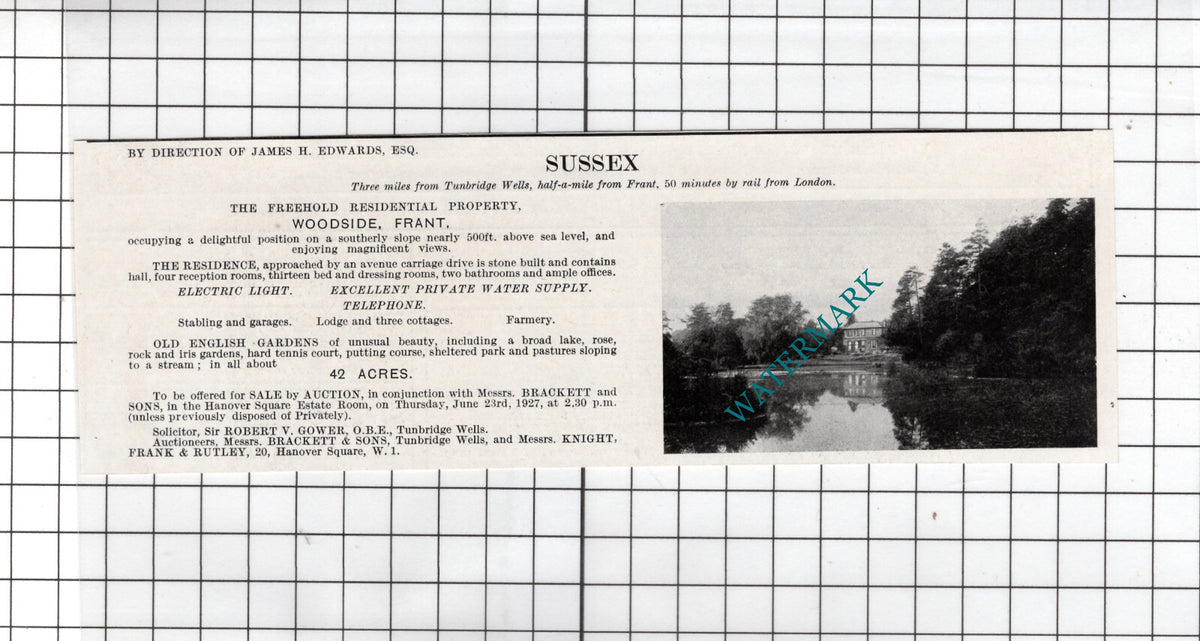 Woodside Frant Sussex James H Edwards Esq - 1927 House Sale Advert