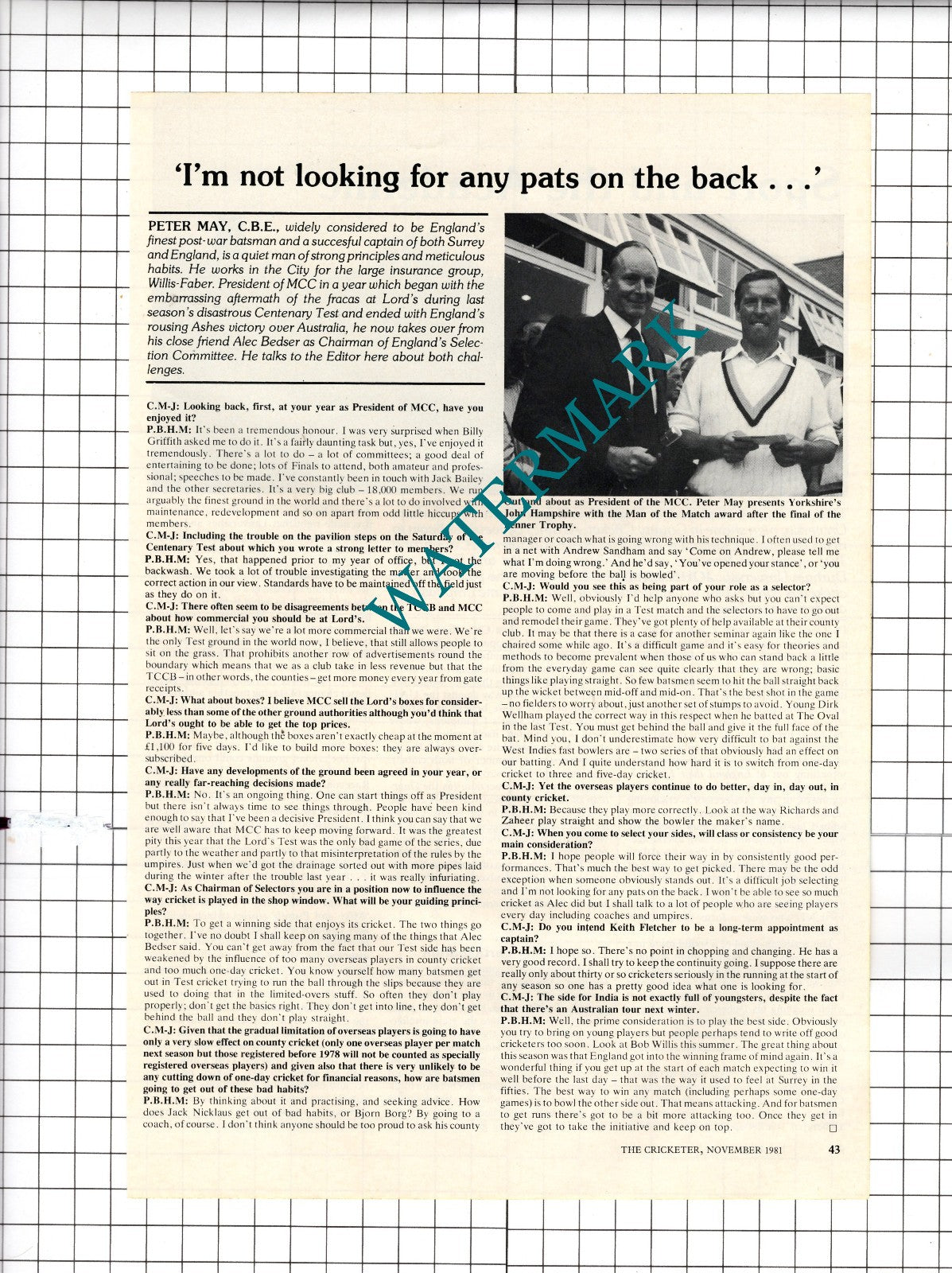 Peter May Cricketer Cricket - 1981 Article