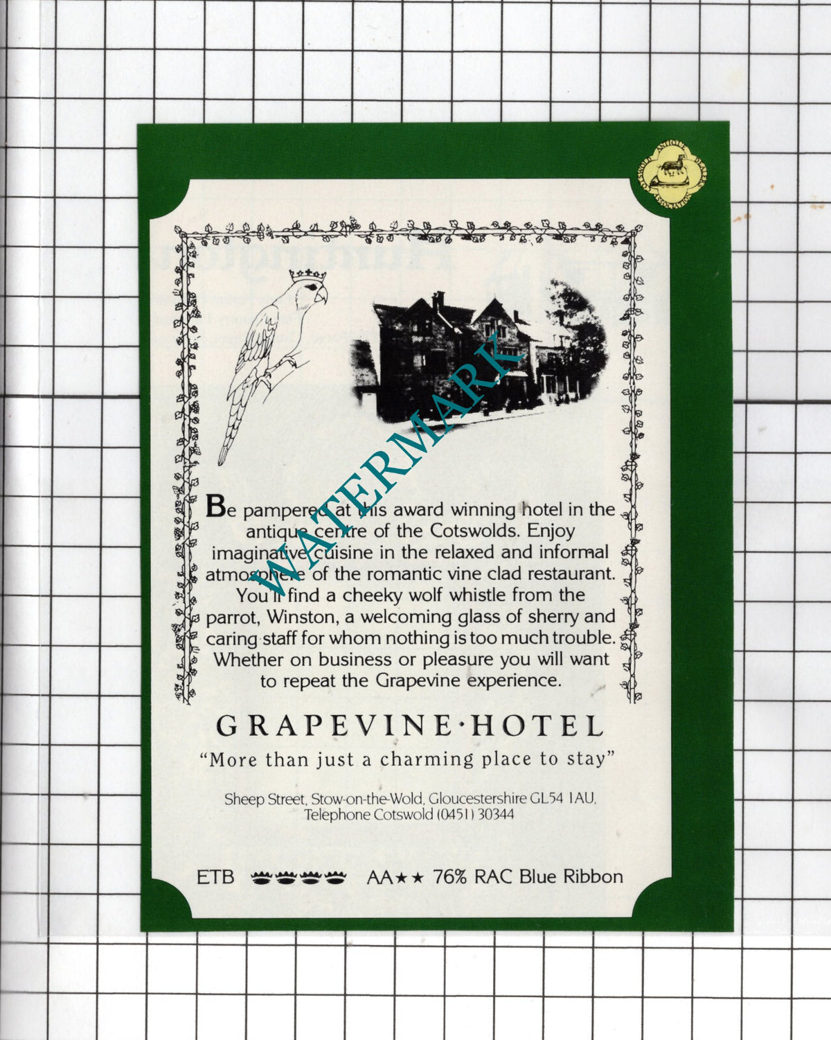 Grapevine Hotel Stow-on-the-Wold Gloucestershire Advert - 1990 Small Cutting