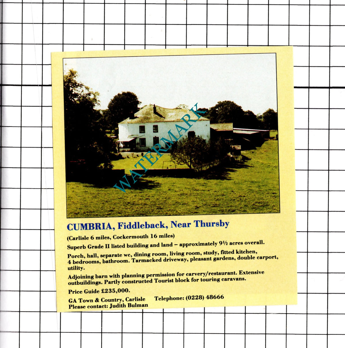 Fiddleback Cumbria House Sale Advert - 1991 Clipping / Print