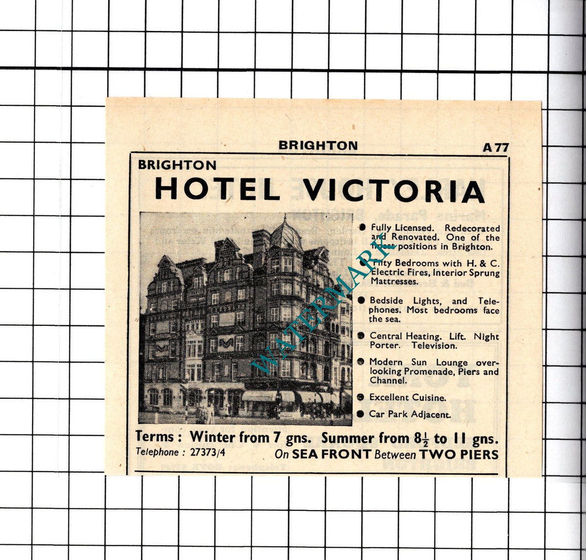 Hotel Victoria Brighton Sussex Small Advert - 1958 Cutting / Print