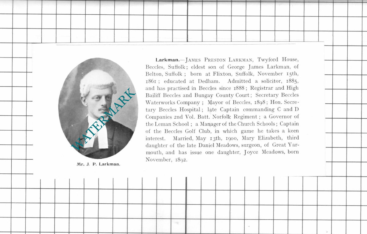 Mr James Preston Larkman Twyford House Beccles Suffolk - 1911 Clipping