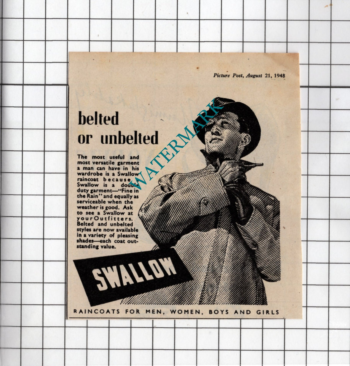 Swallow Raincoat Advert - 1948 SMALL Cutting