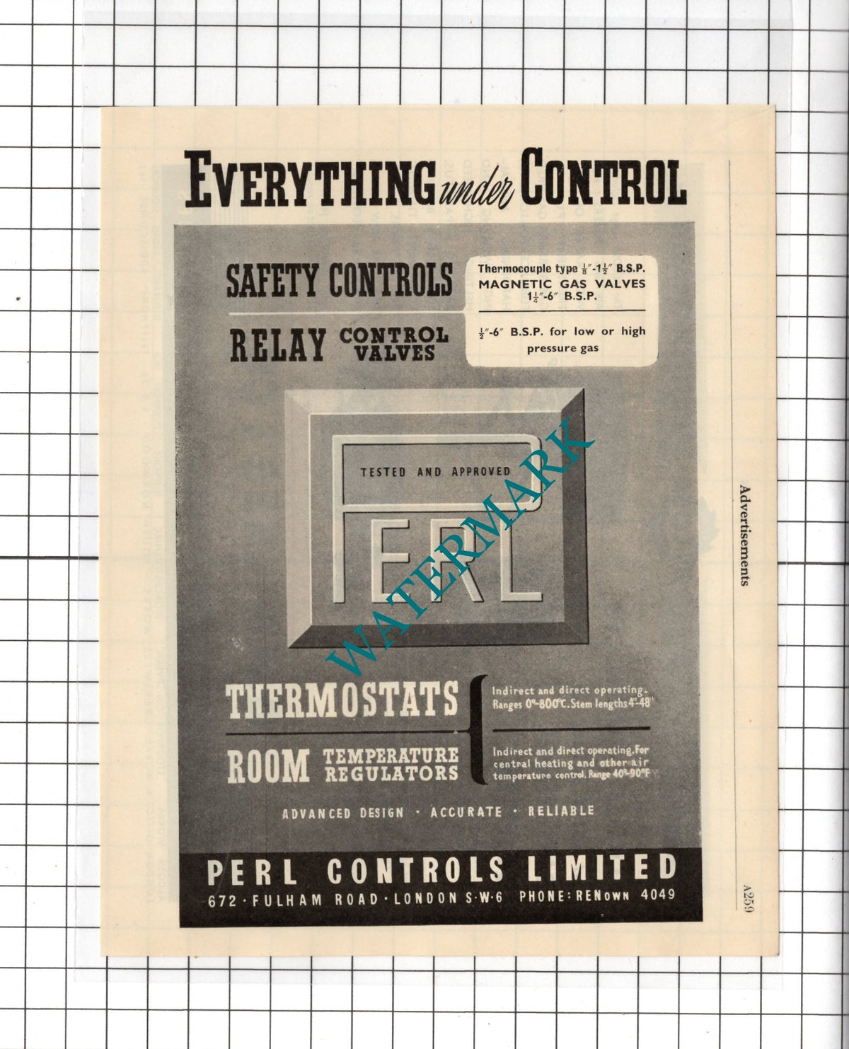 A H Wilkes & Co Stourport Alcosa Gas / Perl Controls Ltd London - 1951 Advert