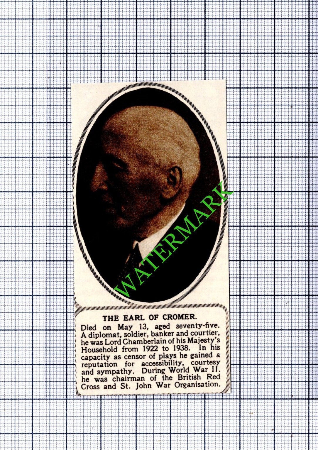 The Earl Of Cromer Obituary - 1953 Cutting