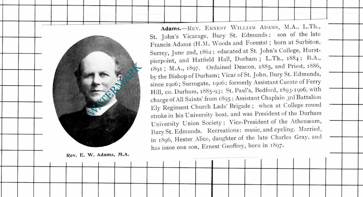 Rev Ernest William Adams St John's Vicarage Bury St Edmunds - 1911 Clipping