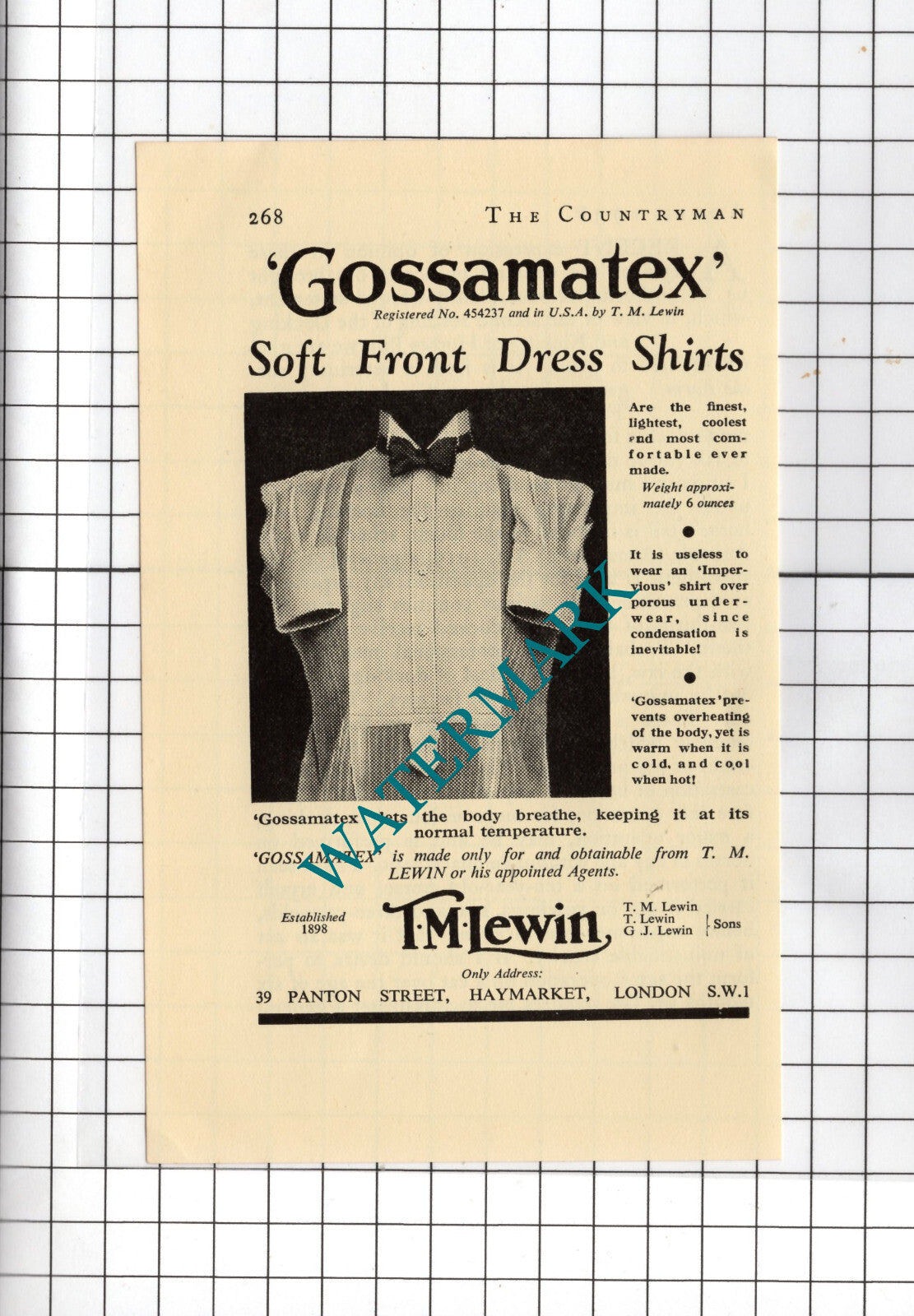 T M Lewin Haymarket London Gossametex Shirts ADVERT - 1938 Small Advert