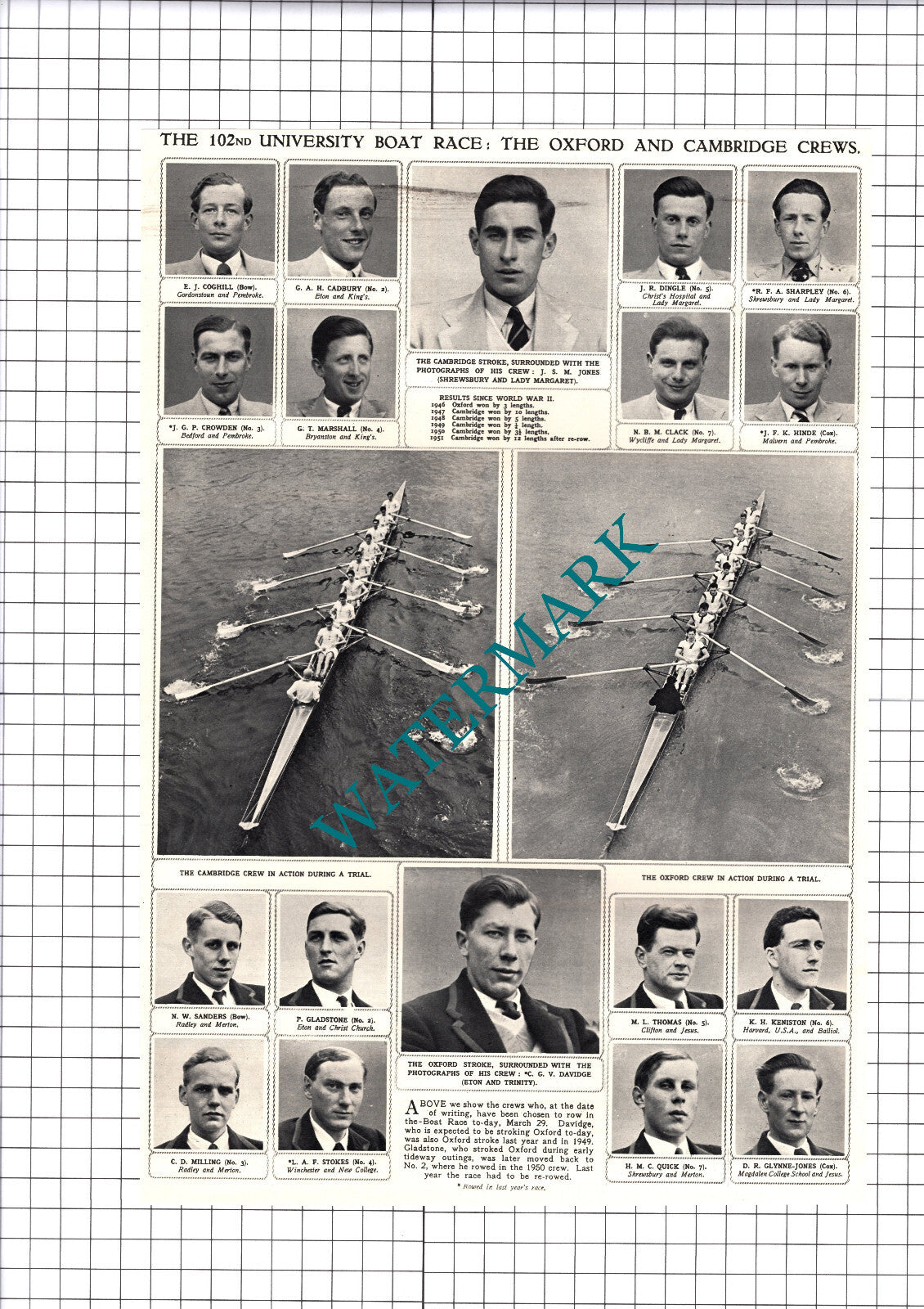 102nd University Boat Race Oxford Cambridge Davidge Coghill Hinde 1952 Cutting