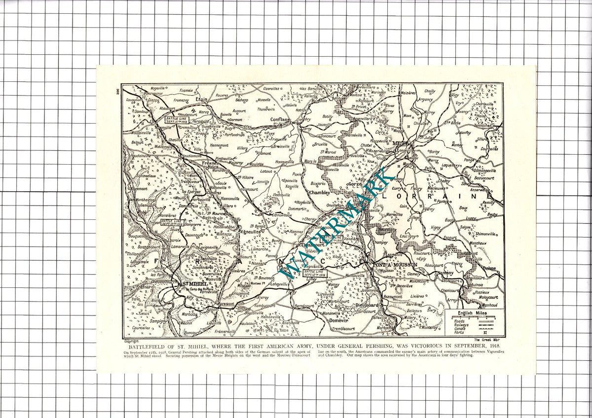 Battlefield Of St Mihiel France Map Gen Pershing Great War WW1 - c.1918 Cutting