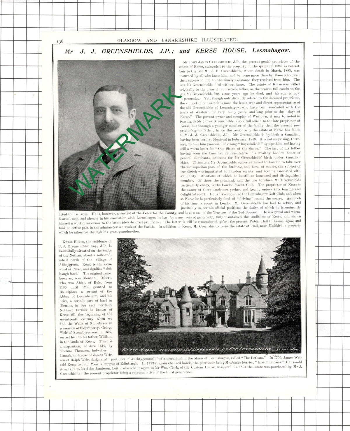 Mr John James Greenshields Kerse House Lesmahagow - 1904 Article