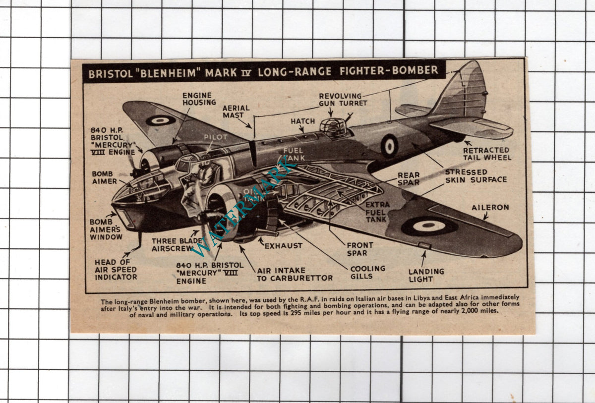 Bristol Blenheim Mark IV Fighter Plane Diagram WW2 - 1940 Small Clipping