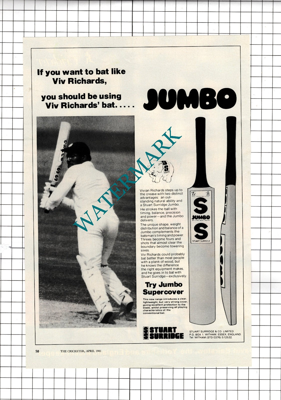 Stuart Surrage & Co Ltd Witham Essex Viv Richards Cricketer ADVERT - 1981