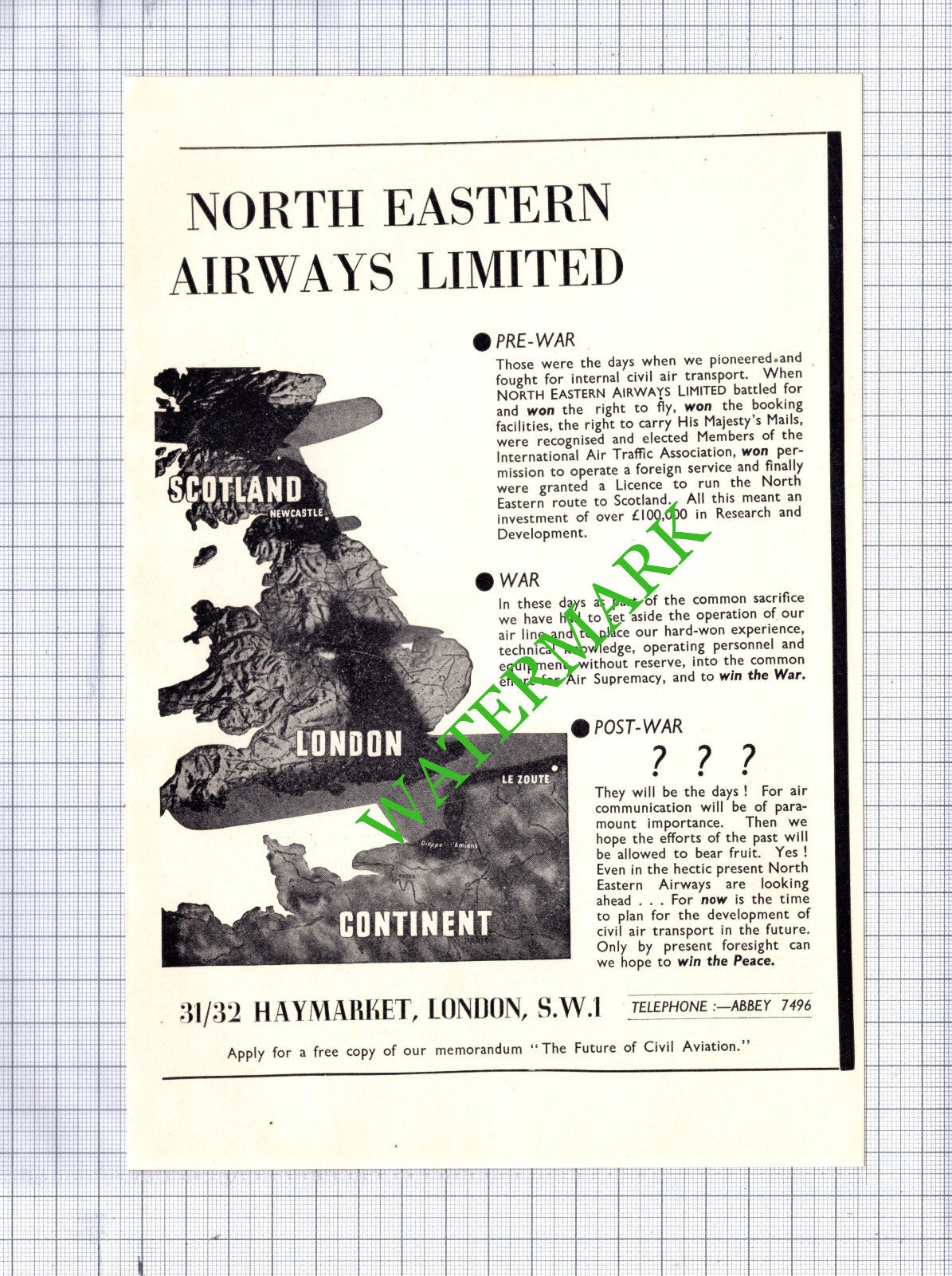 North Eastern Airways Ltd Advert - c.1942 Print / Cutting
