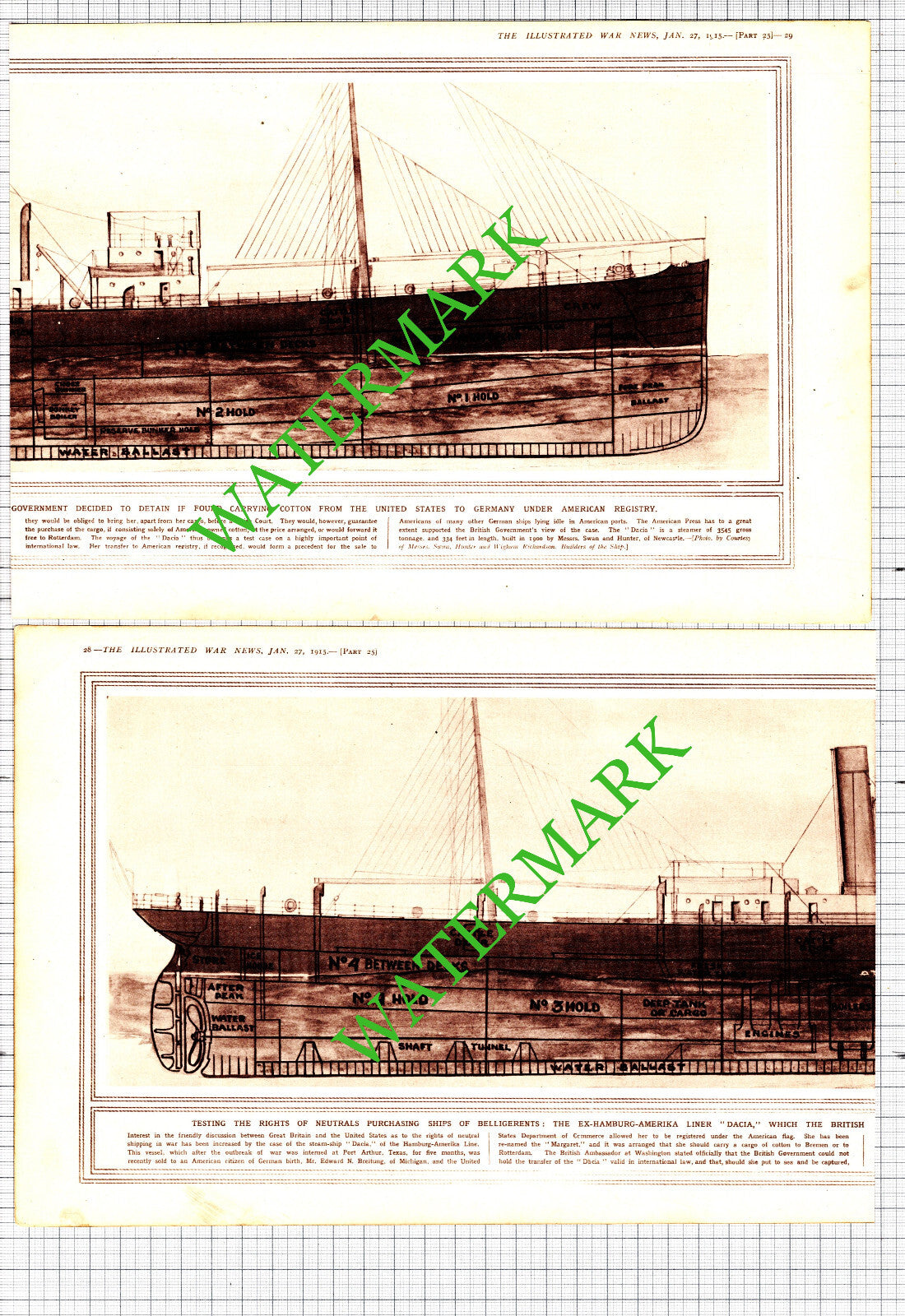 Hamburg-Amerika Liner Ship DACIA Great War WW1 - 1915 2-Part Cutting