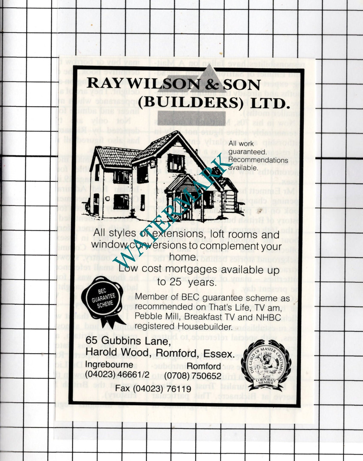 Ray Wilson & Son Builders Ltd Harold Wood Romford Essex - 1989 Small Advert