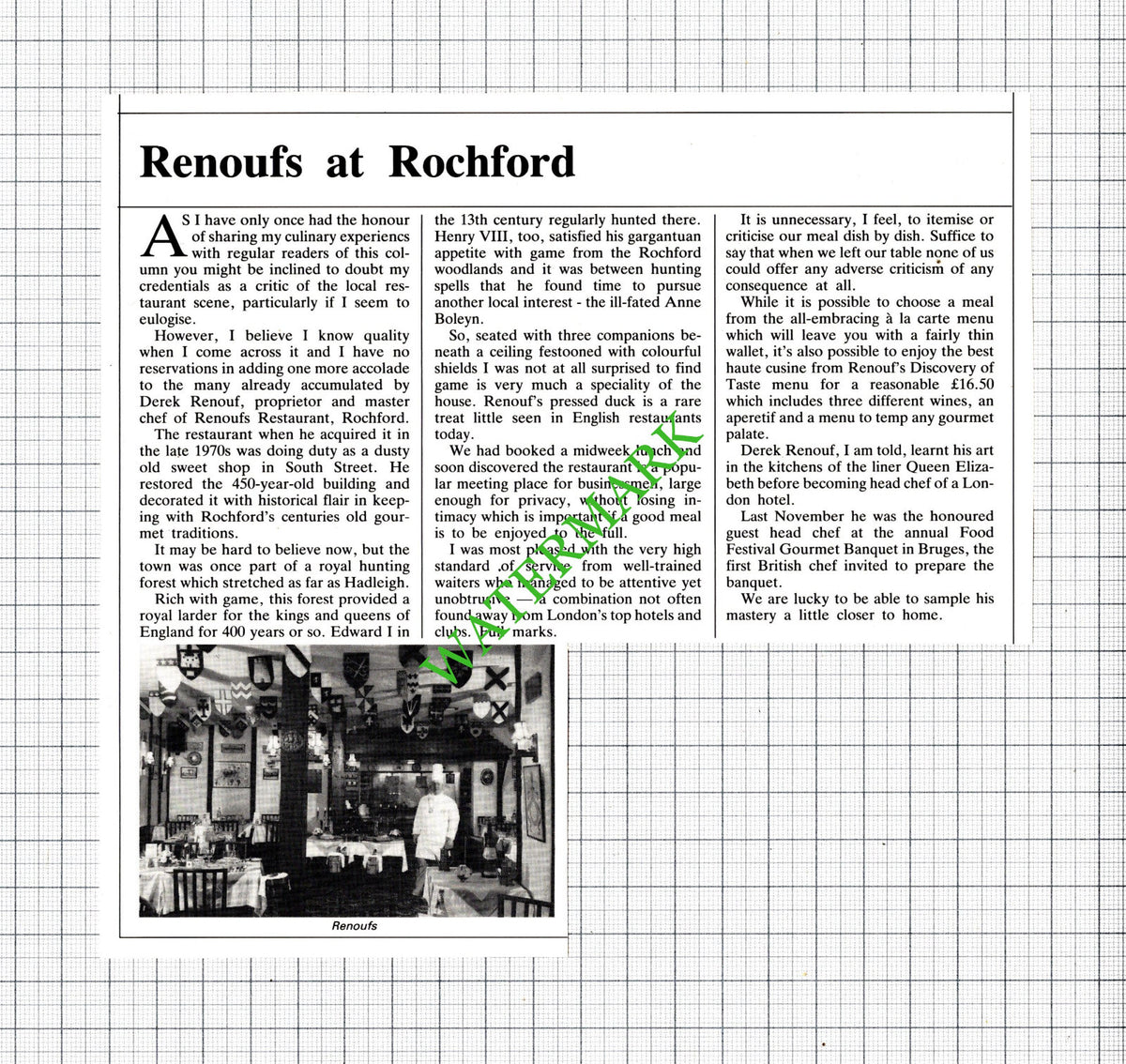 Renoufs Restaurant Rochford Essex Derek Renouf - 1985 Cutting