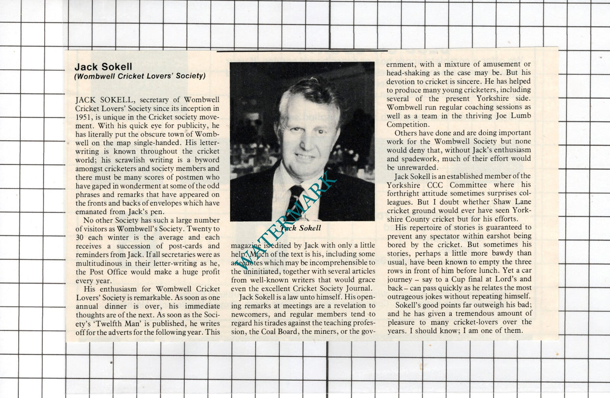 Jack Sokell Wombwell Cricket Lovers Society - 1981 Clipping