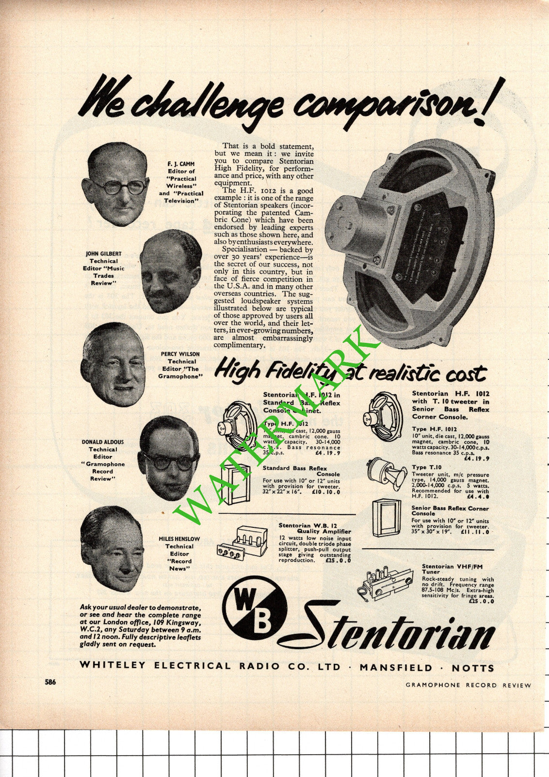 Stentorian Whiteley Electrical Mansfield Aldous Henslow Advert - 1957 Cutting