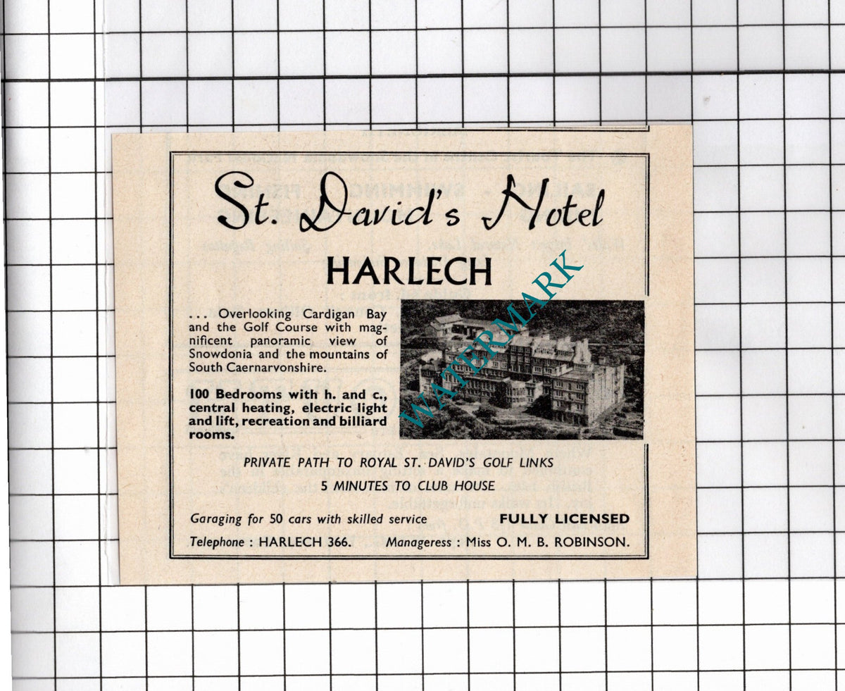 St David's Hotel Harlech Wales Mrs OMB Robinson - 1965 Small Advert