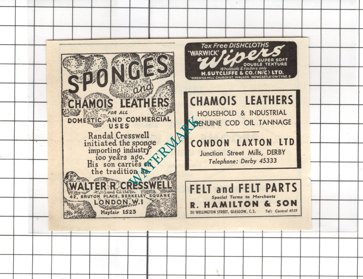 Crowden & Keeves Ltd London / Walter R Cresswell Sponges -1954 Small Advert