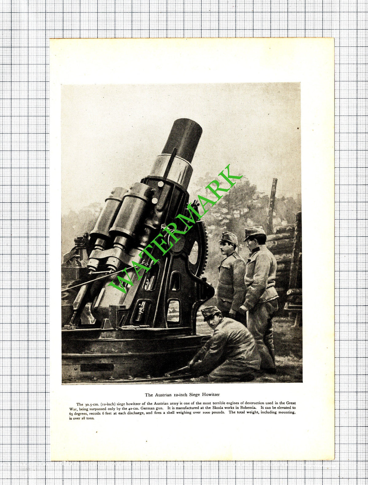 Austrian 12 Inch Siege Howitzer Great War WW1 - c.1920 Cutting / Print