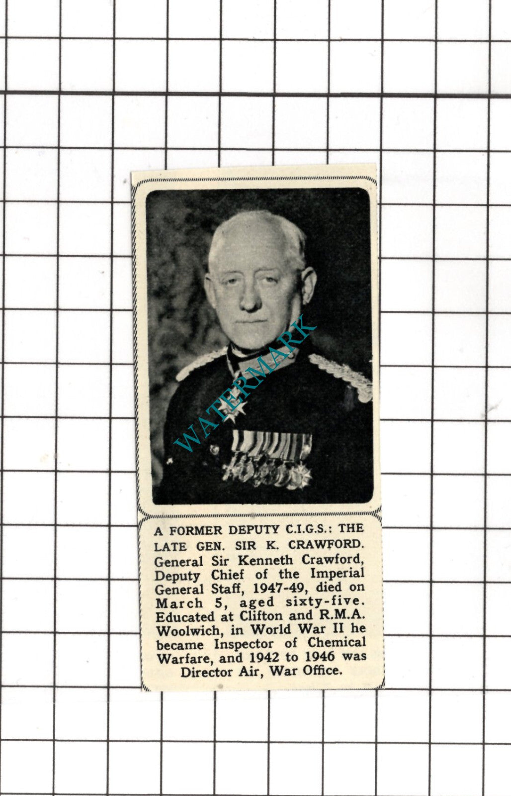 Gen Sir Kenneth Crawford Obituary - 1961 SMALL News Cutting