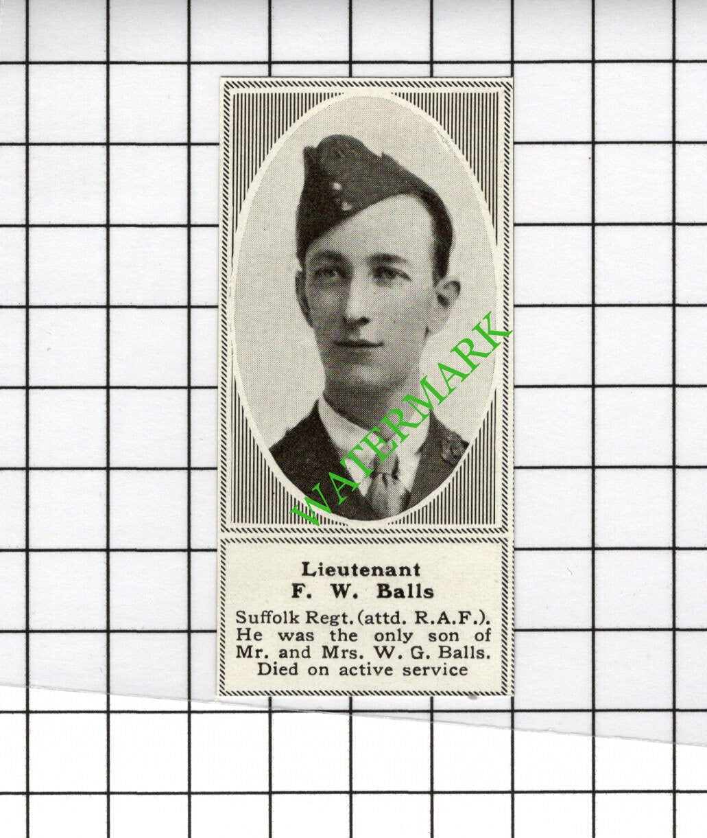 Lt F W Balls Suffolk Regiment Great War WW1 - 1918 SMALL Cutting
