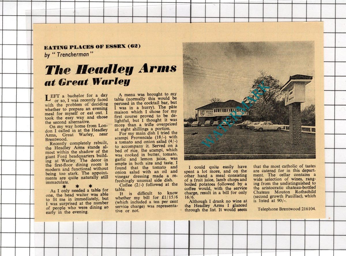 The Headley Arms Great Warley Essex - 1968 Cutting