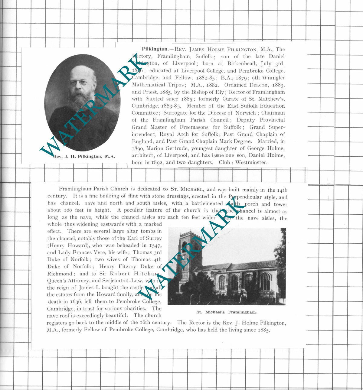 Rev James Holme Pilkington St Michael's Church Framlingham 1911 2-Part Clipping