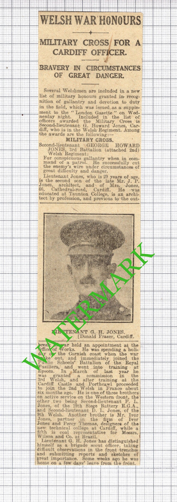 2nd Lt George Howard Jones 3rd Bt Welsh Regiment WW1 - 1916 News Cutting