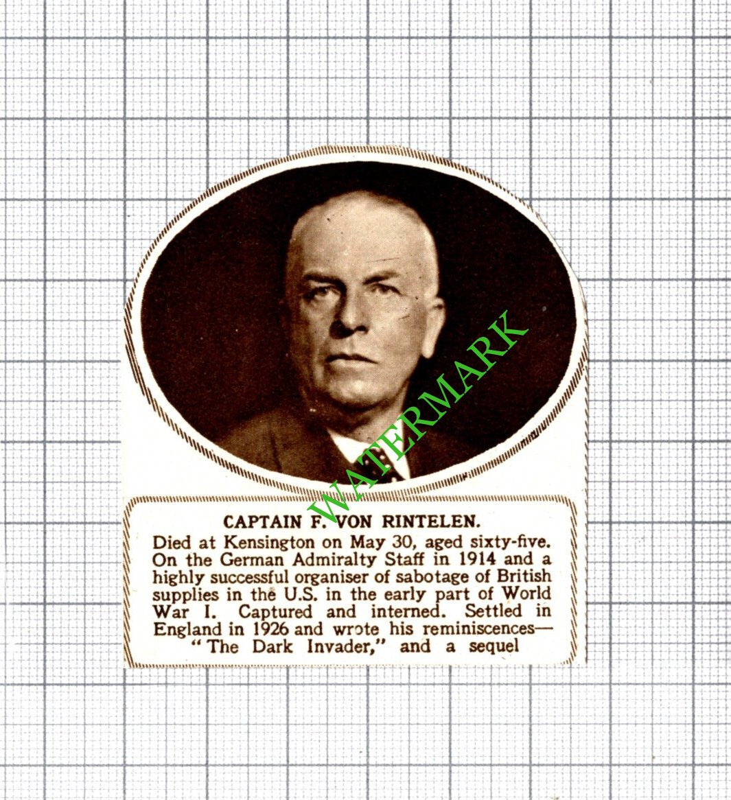 Captain F Von Rintelen Obituary - 1949 SMALL Cutting