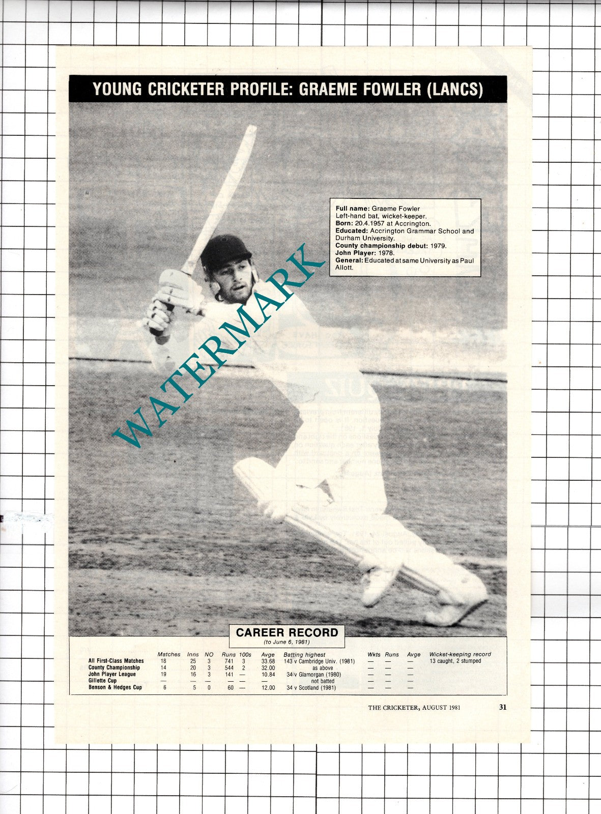 Graeme Fowler Cricketer Cricket Lancashire - 1981 Clipping